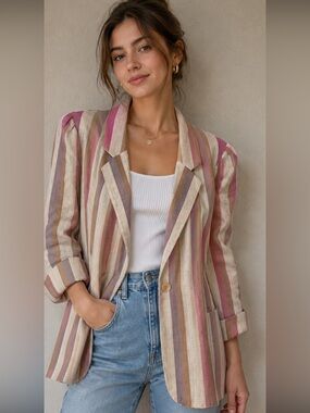Vintage John’s Girl Inc. Striped Blazer Jacket in Pink & Cream Size M
